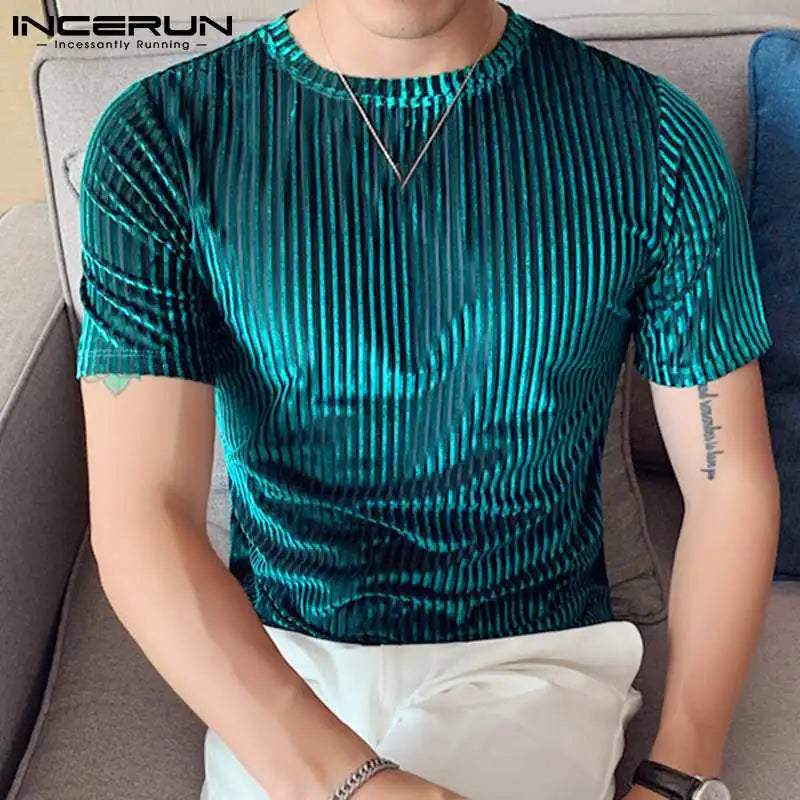 Fashion Casual Style Men's Camiseta  Party Shows Tees INCERUN Male Stylish Hot Sale Drawstring Round Neck Stretch T-shirts S-3XL