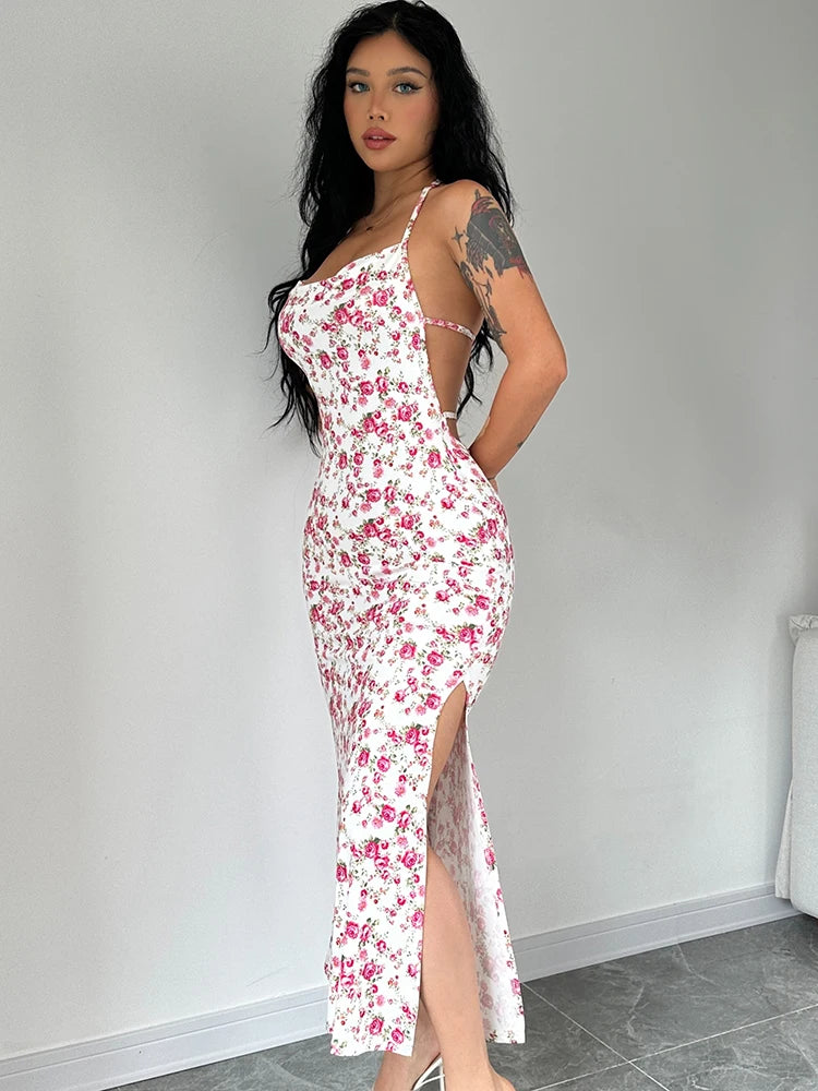 Dulzura - Vestido largo con cuello halter y encaje floral para mujer, vestido midi ajustado sin espalda, atuendo sexy para fiesta y club, ropa de calle, vestido de verano