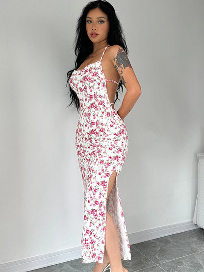 Dulzura - Vestido largo con cuello halter y encaje floral para mujer, vestido midi ajustado sin espalda, atuendo sexy para fiesta y club, ropa de calle, vestido de verano