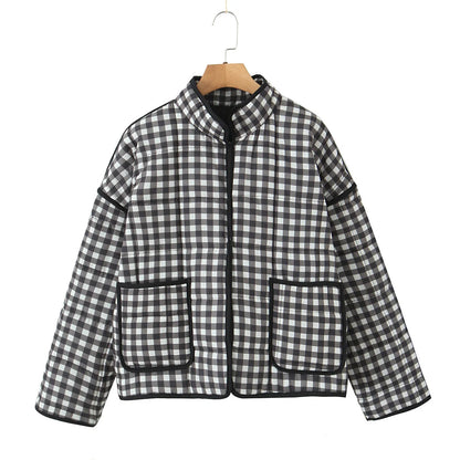 Suninheart Automne Femmes Plaid Manteaux Matelassés Mode Coton Veste Manteaux Chaud Noir et Blanc Veste Courte Manteau Femme Vêtements D'extérieur