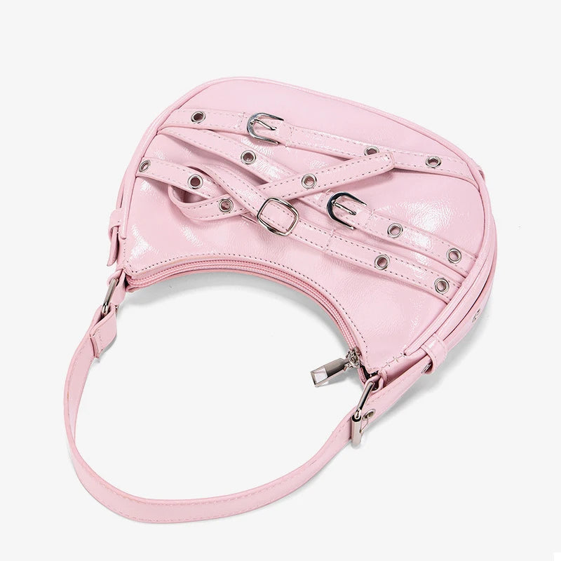 Fashion Belts Deco Halfmoon Women Shoulder Bags Punk Pink Color Handbags  Pu Leather Y2K Crossbody Bag Small Female Purses 2024