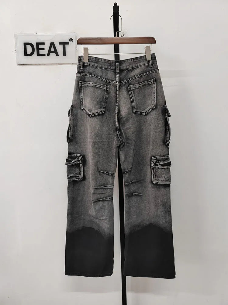 DEAT Fashion Women's Jeans High Waist Multiple Pockets Water Wash Gradient Streetwear Denim Cargo Pants Spring 2024 New 7AB3332