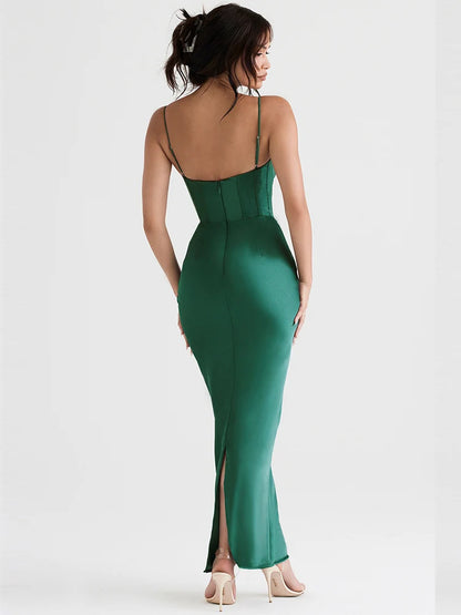 Vestido maxi verde ajustado sexy para eventos de celebridades, vestidos de fiesta de noche de graduación, vestidos de satén con cuello en V y tirantes finos para mujer, verano 2022