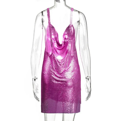 Dropshipping Mujeres Brillantes Rhinestone Cadena Halter Vestido De Metal 2022 Nuevo Club Nocturno Sin Espalda Vestido De Fiesta De Cadera Dividida Al Por Mayor