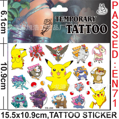 1Pcs/3Pcs/6Pcs Autocollants de tatouage Pokémon Pikachu lumineux non répétitifs Jouets de dessin animé Tatouages ​​temporaires pour enfants Cadeau pour enfants