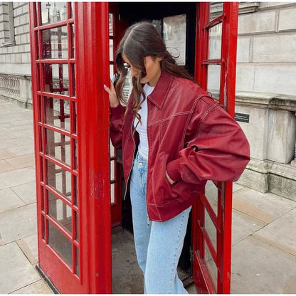 Chaquetas bomber de cuero con cremallera para mujer, abrigos casuales a rayas, elegantes, con solapa, holgadas, de manga larga, para motocicleta, otoño 2024