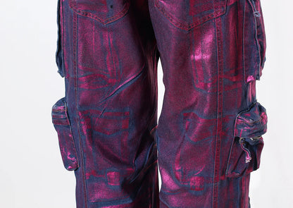 DEAT Fashion Women's Jeans Purple Hot Stamping High Wiast Multi Pockets Full-length Wide Leg Trouser Autumn 2024 New 7AB3206