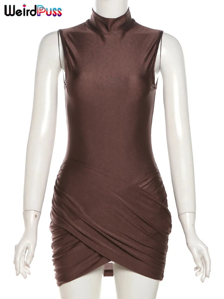 Vestido corto femenino de verano con volantes cruzados y escote triangular, minivestido sexy liso con cuello alto y mangas abullonadas para mujer, estilo chic, ajustado y para fiesta