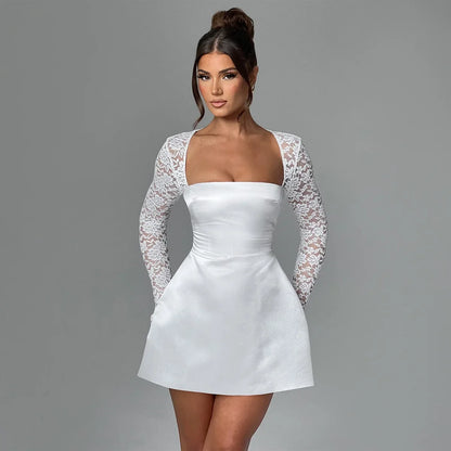 Suninheart Robes d'été à manches en dentelle pour femmes 2024 Nouvelle mode Robes de soirée trapèze Robe en satin blanc Vêtements pour femmes 2024