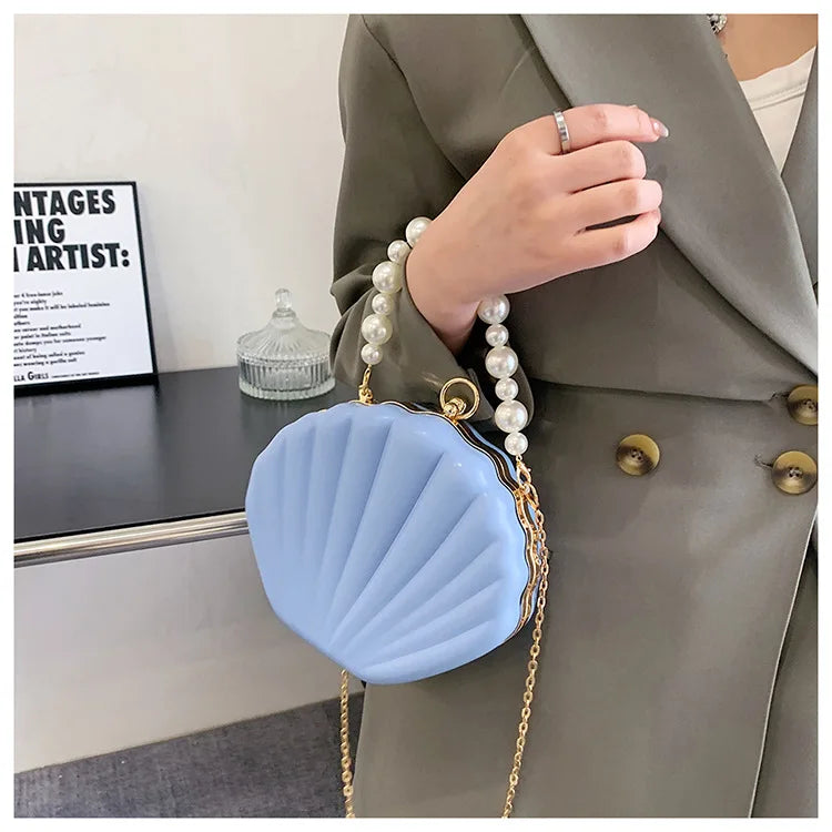 Fashion Shell Design Women Shoulder Bags Pearls Handle Lady Handbags Candy Color Pu Leather Crossbody Bag Small Female Purses