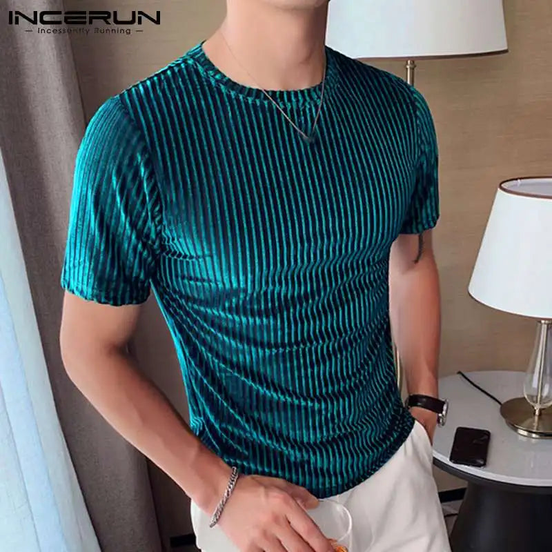 Fashion Casual Style Men's Camiseta  Party Shows Tees INCERUN Male Stylish Hot Sale Drawstring Round Neck Stretch T-shirts S-3XL