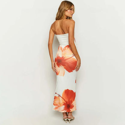 2024 Nuevo vestido largo ajustado para playa con estampado floral para mujer, sin mangas, informal, para vacaciones, con hombros descubiertos, cómodo y elegante