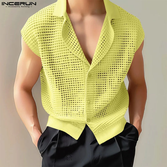 Camisa para hombre 2024, de malla transparente hueca, con solapa sólida, sin mangas, ropa de verano para hombre, ropa de calle, chalecos casuales, camisas INCERUN