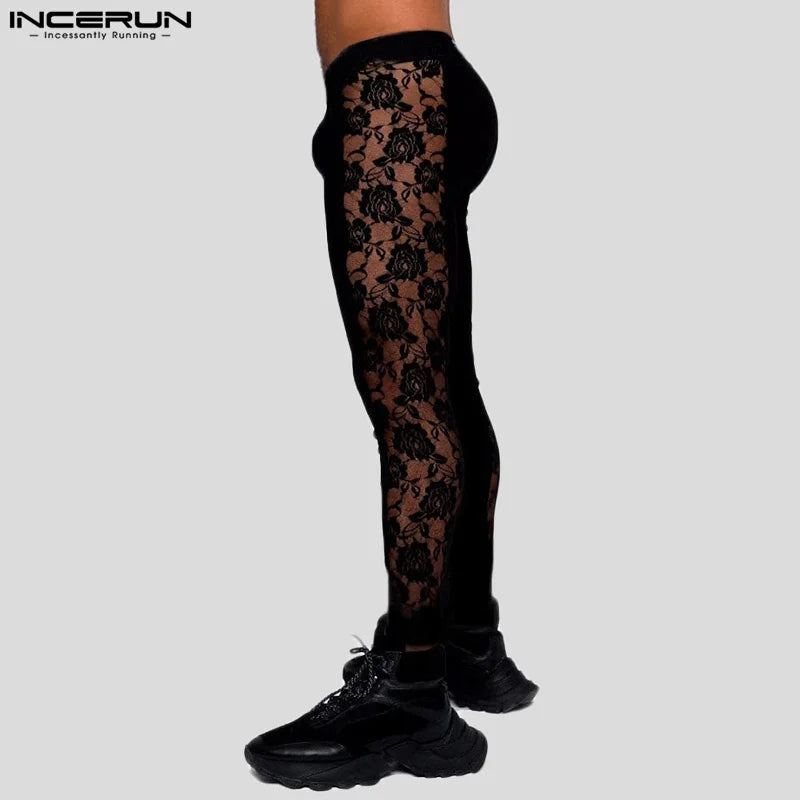 2024 Hommes Pantalons Dentelle Patchwork Sexy Taille Élastique Fitness Hommes Leggings Streetwear Transparent Mode Pantalons S-5XL INCERUN