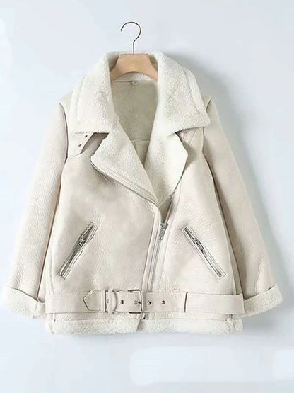 Chaqueta de piel sintética con solapa de Suninheart para mujer, abrigo holgado de manga larga, grueso y cálido, estilo vintage de lana de cordero, estilo locomotora para mujer