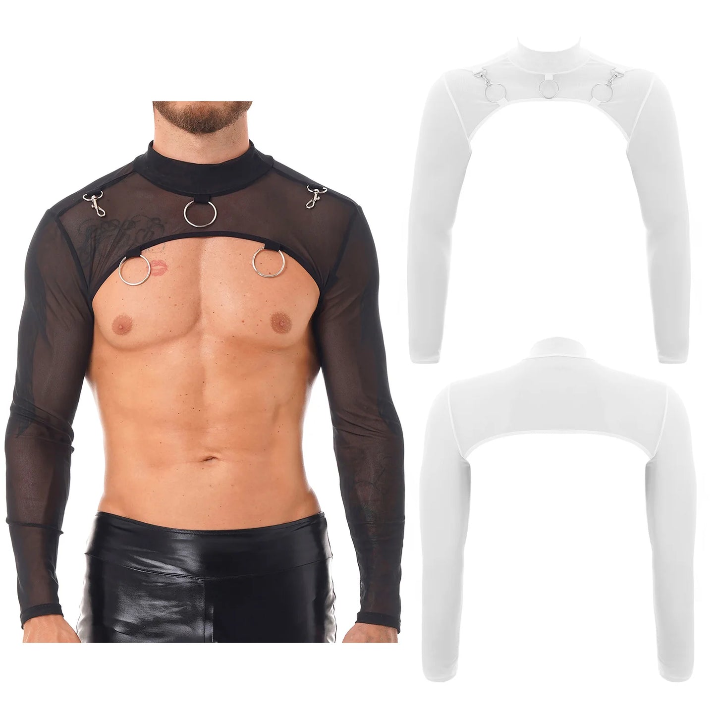 T-shirt à manches longues pour homme, haut court à la mode, sexy, transparent, en maille, streetwear, fête, boîte de nuit, vêtements pour femmes