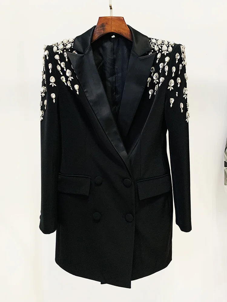 DEAT Fashion Blazer de mujer con hombreras de diamante, bolsillos cruzados, chaqueta de traje de estilo largo dividido, invierno 2024, nuevo 7AB2553