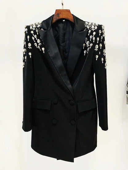 DEAT Fashion Blazer de mujer con hombreras de diamante, bolsillos cruzados, chaqueta de traje de estilo largo dividido, invierno 2024, nuevo 7AB2553