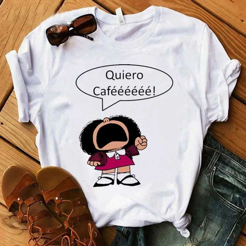 T-shirt imprimé PAZ Mafalda ou QUIERO Cafe pour femme, nouveau modèle, Harajuku, vêtements pour femme