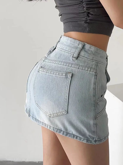 DEAT Mode Femmes Jupe A-ligne Épissé UltraShort Denim Poche Taille Haute Mince Couleur Unie Jupes Printemps 2024 Tendance Nouvelle 17A5641