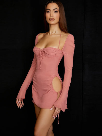 2022 New Summer Long Sleeve Bodycon Dress Square Collar Mini Mesh Dress Lovely Birthday Party Pink Outfits Dropshipping