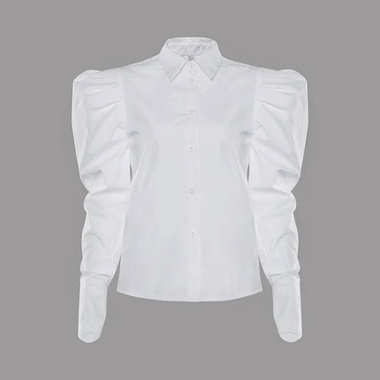 Camisa de mujer DEAT Fashion con mangas largas abullonadas y solapa de un solo pecho, blusa recta de algodón blanca, otoño 2024, nueva tendencia 7AB1171