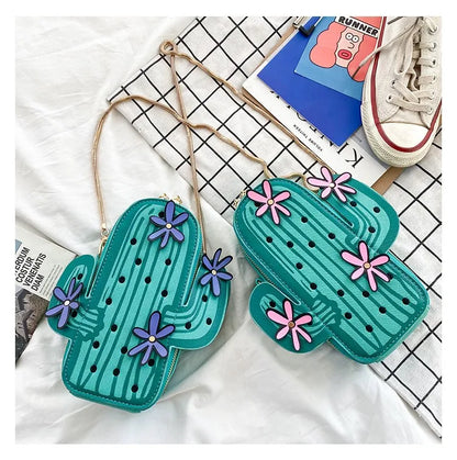 Women embroidery flowers mini chain shoulder bag cute green cactus shape bag flap small desinger crossbody bag for women