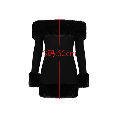 Faux Fur Elegant Party Dresses for Women 2023 Black Off The Shoulder Formal Occasion Dresses Mini New in Winter Women Clothing