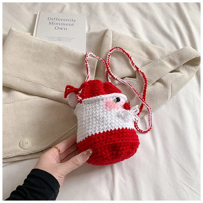 Bolso de punto de Papá Noel para mujer, bonito bolso cruzado de dibujos animados, mini bolso de mano de ganchillo, novedoso bolso navideño