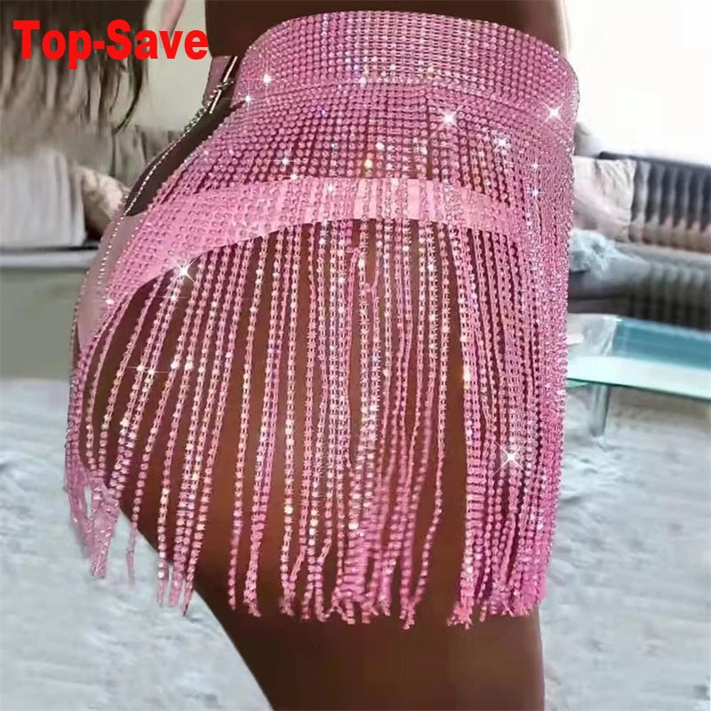 Minifalda de bikini de playa de verano para mujer, falda con borlas y diamantes de imitación brillantes, ajustable, sexy, para fiesta