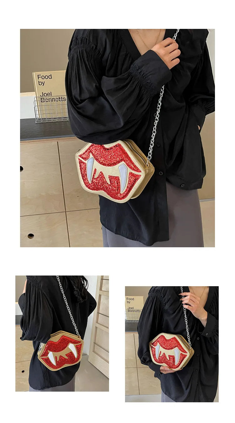 Cute Small Bag for Women 2024 New Summer Cartoon Funny Big Lips One Shoulder Chain Small Round Bag