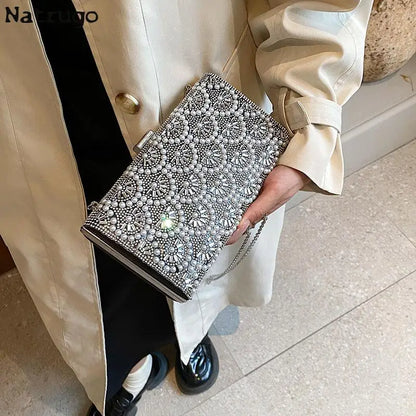 Bolso de noche con diamantes de imitación de moda, bolso de hombro con cadena para mujer, bolso cruzado cuadrado pequeño, bolso de mano con perlas de alta calidad