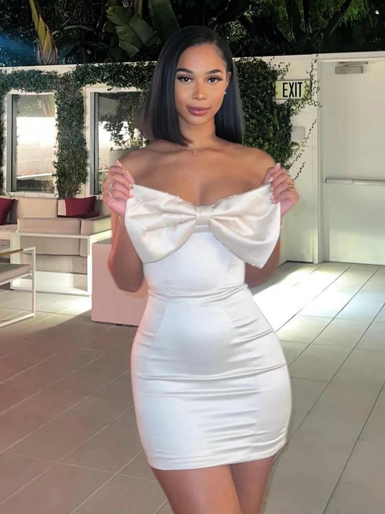 Suninheart Sexy Satin Strapless White Bodycon Dress Mini Diamonds Bow Wedding Guest Night Party Dresses Summer Women Dress 2023