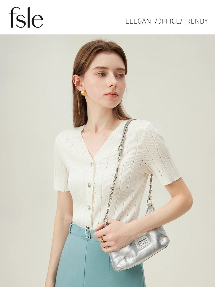 FSLE Thin Ice Silk Knitted Versatile Classic Cardigan For Women 2024 Summer New Short-Sleeved T-Shirt V-Neck Top 24FS12197