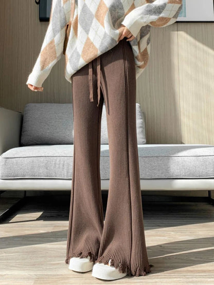 Suninheart Tassels Wide Leg Knitted Pants Women Winter Stripe Loose Trousers Femme Casual Full Length Warm Sweater Pants 2022