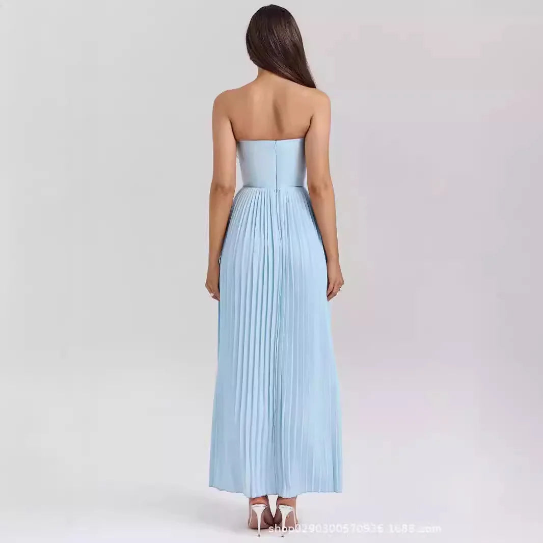 Suninheart Summer Sexy Strapless Dresses Women 2024 New Arrivals Blue Elegant Pleated Dress Maxi Bustier Birthday Party Dresses