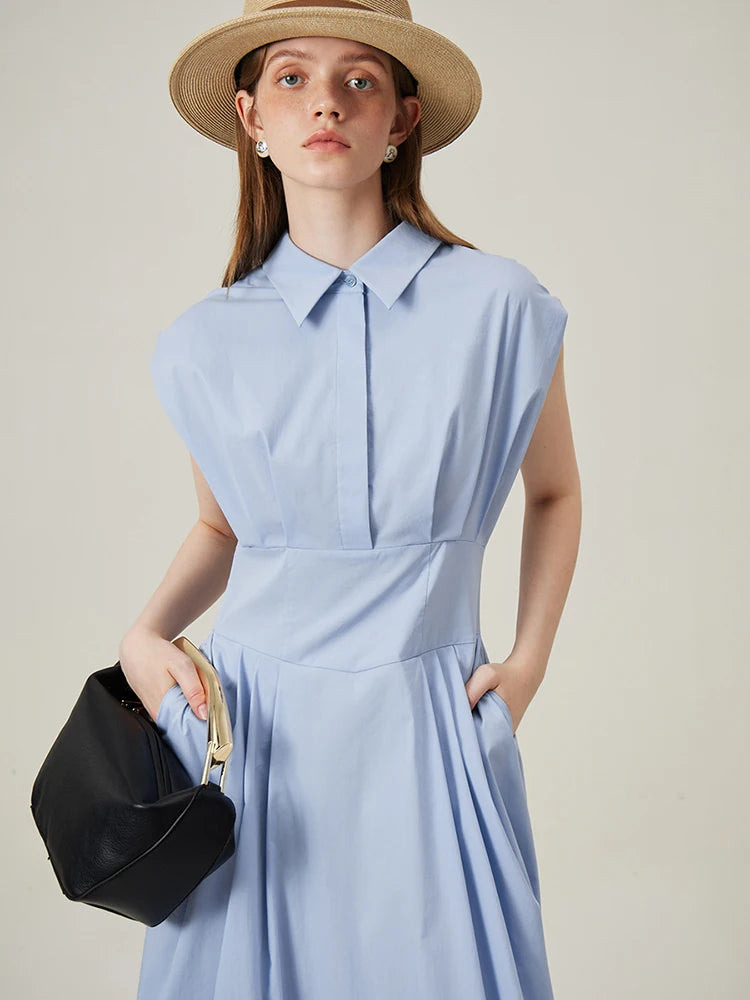 Vestido elegante sin mangas FSLE de algodón para mujer, vestido largo de verano 2024, vestido camisero minimalista azul caqui 24FS12337