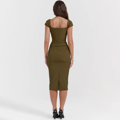 Suninheart Elegante vestido midi hasta la rodilla verde oliva de una pieza para mujer Vestido ajustado con escote cuadrado y mangas estilo capa Vestido de oficina para mujer