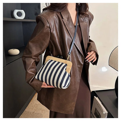 Bolsos de hombro elegantes con diseño de rayas y clip de madera para mujer, bolsos cruzados, carteras de mano para fiesta 2024