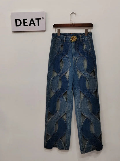 DEAT Fashion Women's Jeans High Waist Cross Contrast Color Hollow Out Metal Button Straight Denim Pants Summer 2024 New 17A8765H