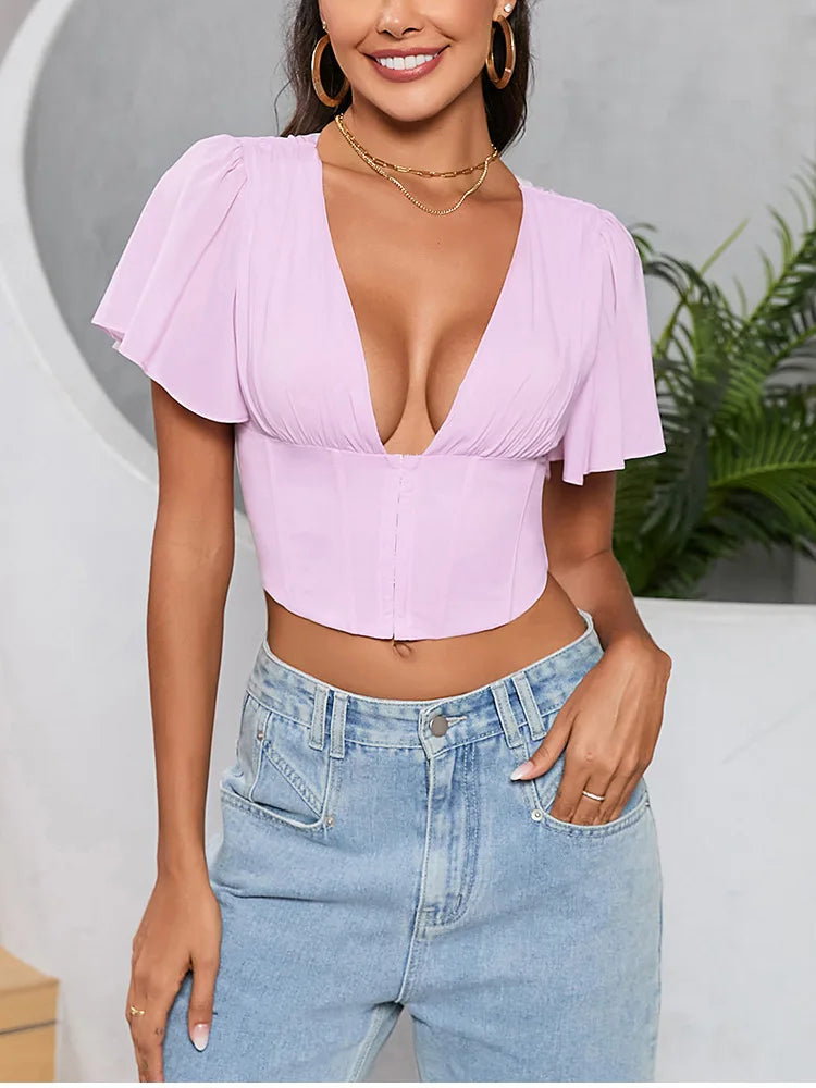 Suninheart Summer Sexy Chiffon Pleated Top Women Ruffle Short Sleeve Corset Top Casual Female's Blouse 2024