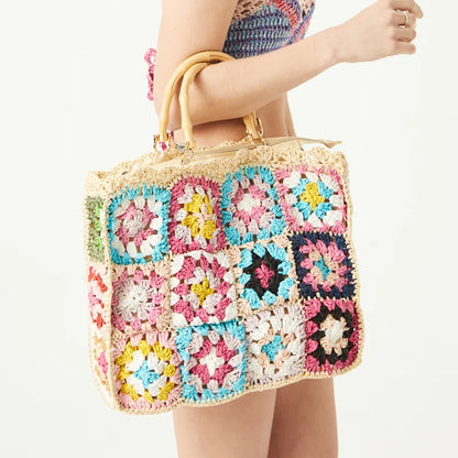 Bolso de mano de paja con forma de granny square bohemio con asa de bambú, bolsos de mujer informales hechos a mano, bolsos de playa de verano, carteras de gran capacidad