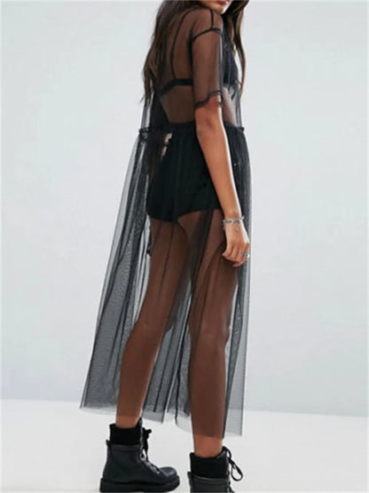 Robe longue sexy froncée en gaze transparente pour femmes, demi-manches, couleur unie, en tulle transparent, vêtements d'été sexy pour dames