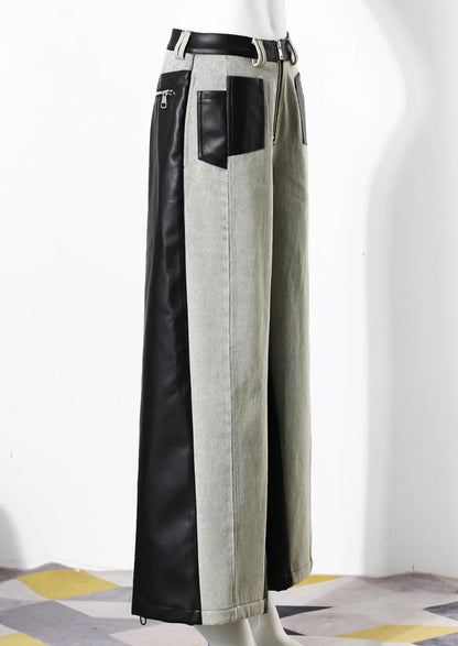 DEAT Fashion Pantalones vaqueros de cuero con contraste y parches lavados para mujer, pantalones vaqueros de cintura alta, rectos y de pierna ancha, primavera 2024, nuevos 7AB3202