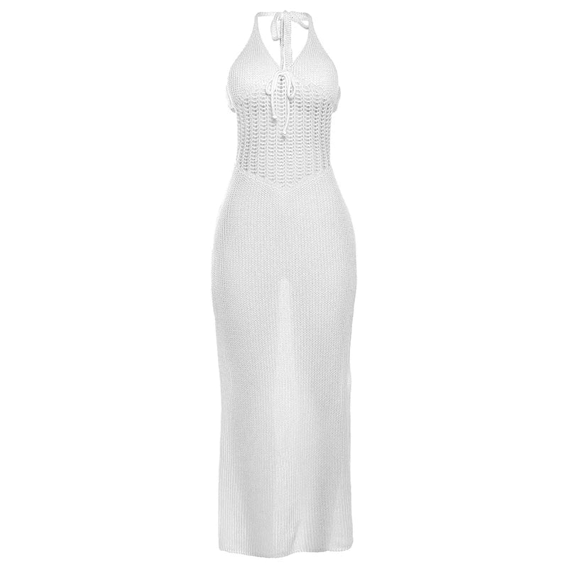 Vestido de mujer transparente de crochet con escote en V y espalda descubierta con tiras elásticas y escote halter, vestido sexy de verano 2024 para citas y vacaciones