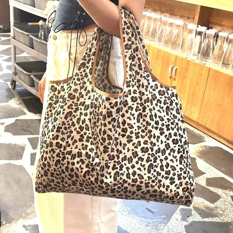 Bolsa de compras con estampado de leopardo de gran capacidad, ecológica, reutilizable, portátil, para viajes