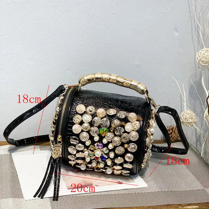 New Women's Bag Cylinder Handmade Shoulder Bag Water Diamond Bag Versatile One Shoulder Crossbody Bag Pillow Bag