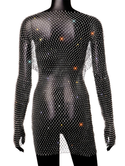 1PCS Women Bikini Cover-up Sexy Hollow Out Fishnet Long Sleeves See-through Bikini Cover-ups Slim Fit Bodycon Swimsuit Dress