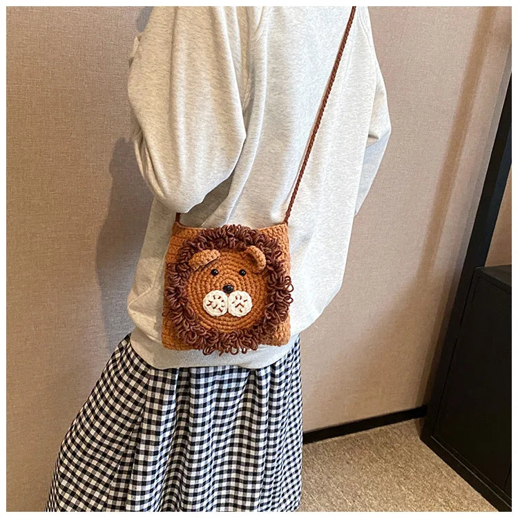 Cute Little Lion Bag For Girls Women's Funny Mobile Phone Coin Purse Winter Knitting Shoulder Crossbody Bag