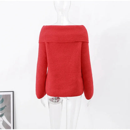 Suninheart Slash Neck Off Shoulder Sweater Women 2024 Spring Solid Elegant Long Sleeve Pullover Female Fashion Red Loose Ladies